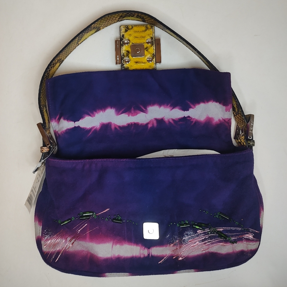 Fendi Suede Baguette Shoulder Bag NWT Beaded Python Flap Handbag Clutch Purple - Picture 14 of 16